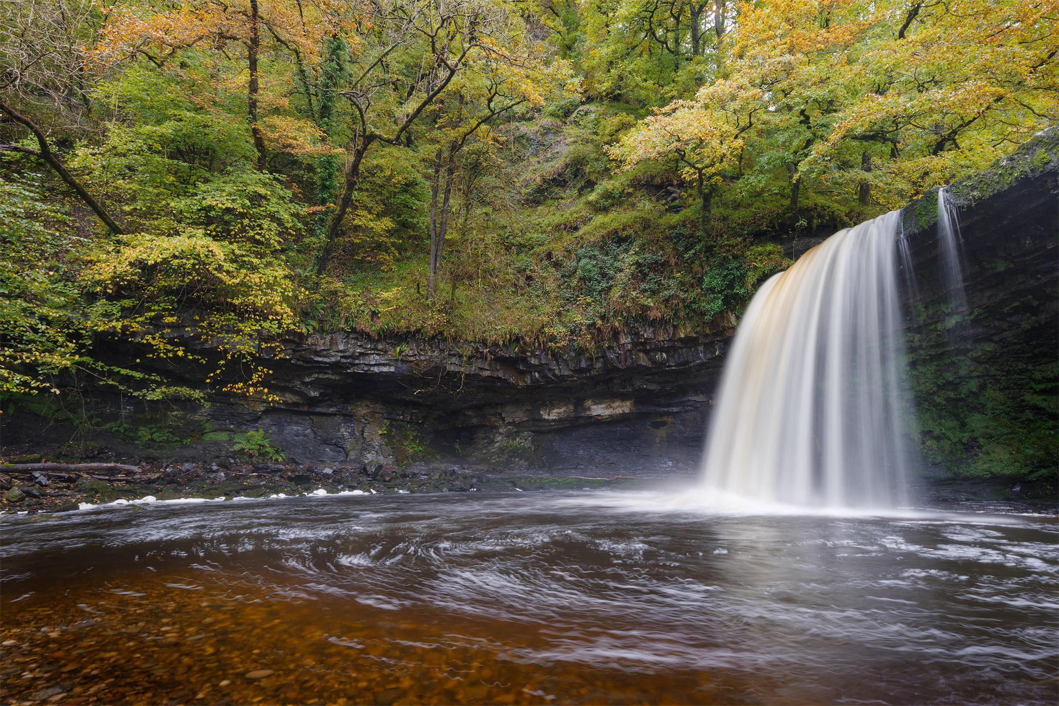 Autumn trees overlook the pool created by Sgwd Gwladys in the Brecon Beacons, Wales